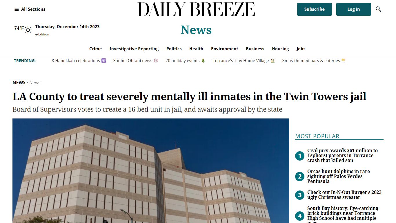 LA County to treat severely mentally ill inmates in the Twin Towers jail